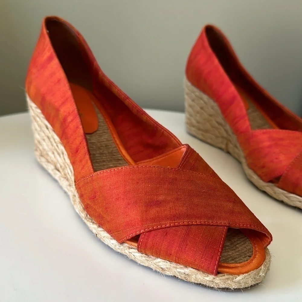 Lauren Ralph Lauren Silk Open Toe Espadrille  Iridescent Orange & Gold Size 8.5